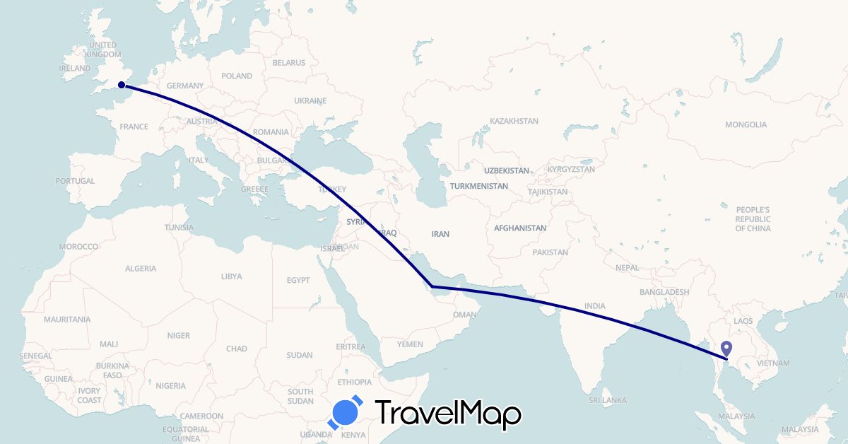 TravelMap itinerary: driving in United Kingdom, Qatar, Thailand (Asia, Europe)